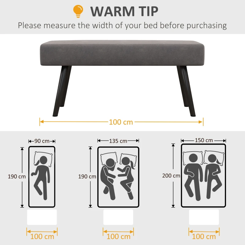 HOMCOM 39 Inches Upholstered Bedroom Bench, Modern End of Bed Bench with Steel Legs, Gray