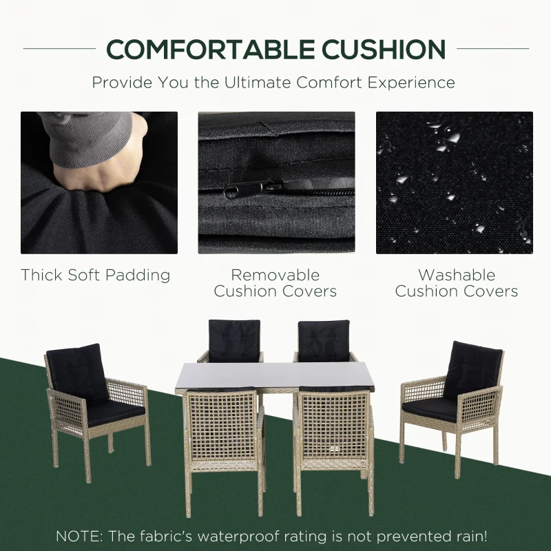 Outsunny 7 Pieces Wicker Patio Dining Set Outdoor Furniture Set with Removable Cushions, Glass Top Dining Table, PE Rattan Conversation Set for Garden Poolside Backyard, Black