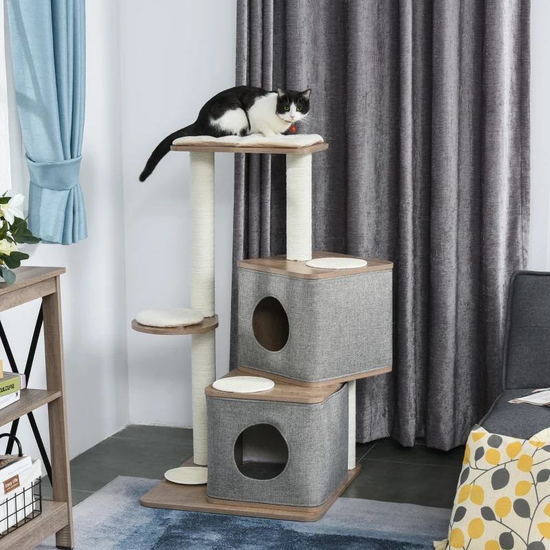 PawHut 44" H Feline Cat Tower Tree House with Sisal Scratching Posts, Soft Relaxing Cushions, & Many Perches/Condos