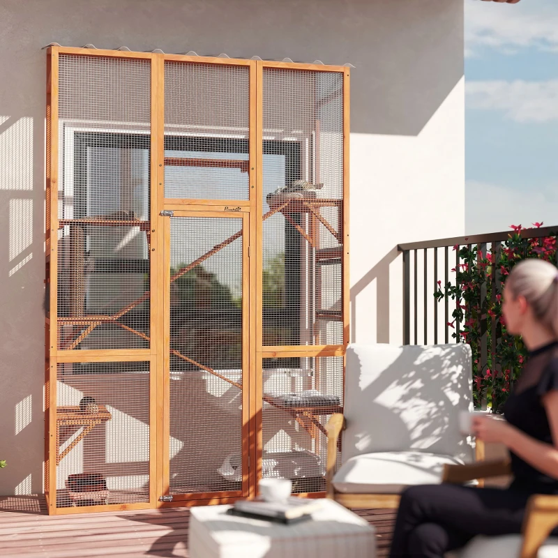 PawHut Wooden Catio Outdoor Cat Enclosure with 6 Jumping Platforms, Scratching Post, 2 Ramps, Waterproof Roof, for 2-3 Kittens