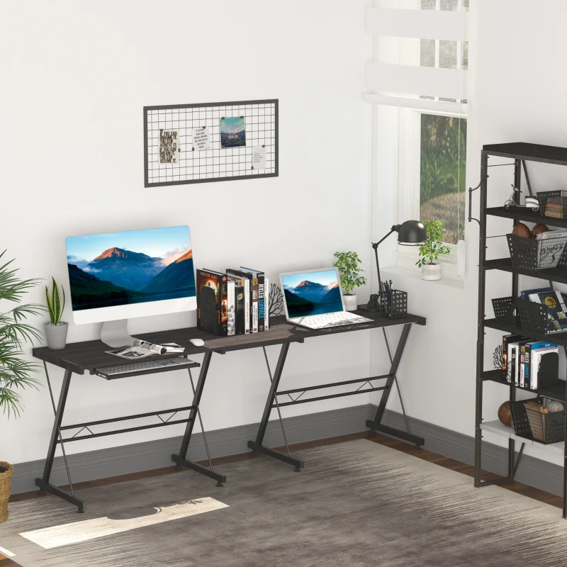 HOMCOM Large L-Shaped Desk Computer Desk, Multifunctional Computer Table with Keyboard Corner Table, Sturdy Steel Construction, Black