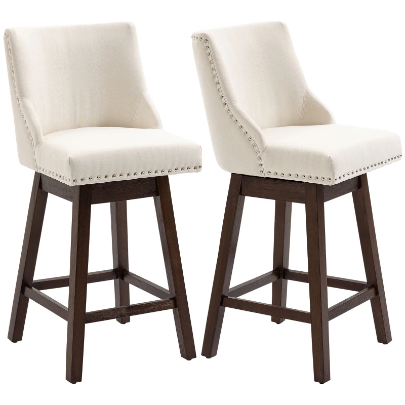 HOMCOM 28" Swivel Bar Height Bar Stools Set of 2, Armless PU Leather Upholstered Barstools Chairs with Nailhead Trim and Wood Legs, Cream White