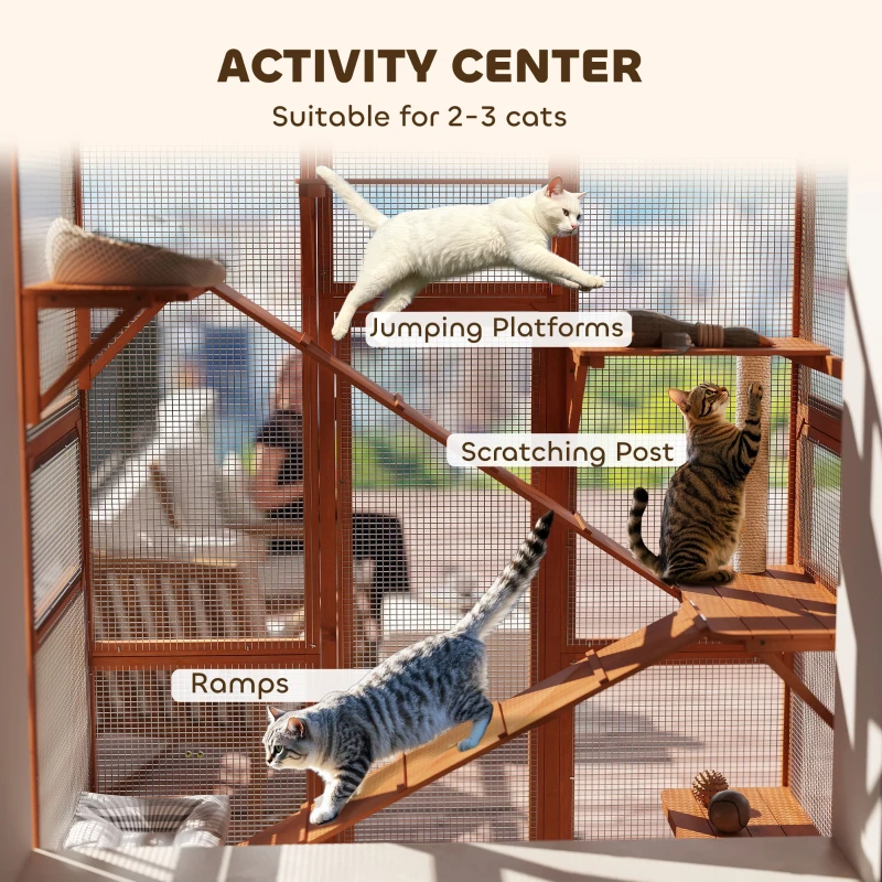 PawHut Wooden Catio Outdoor Cat Enclosure with 6 Jumping Platforms, Scratching Post, 2 Ramps, Waterproof Roof, for 2-3 Kittens