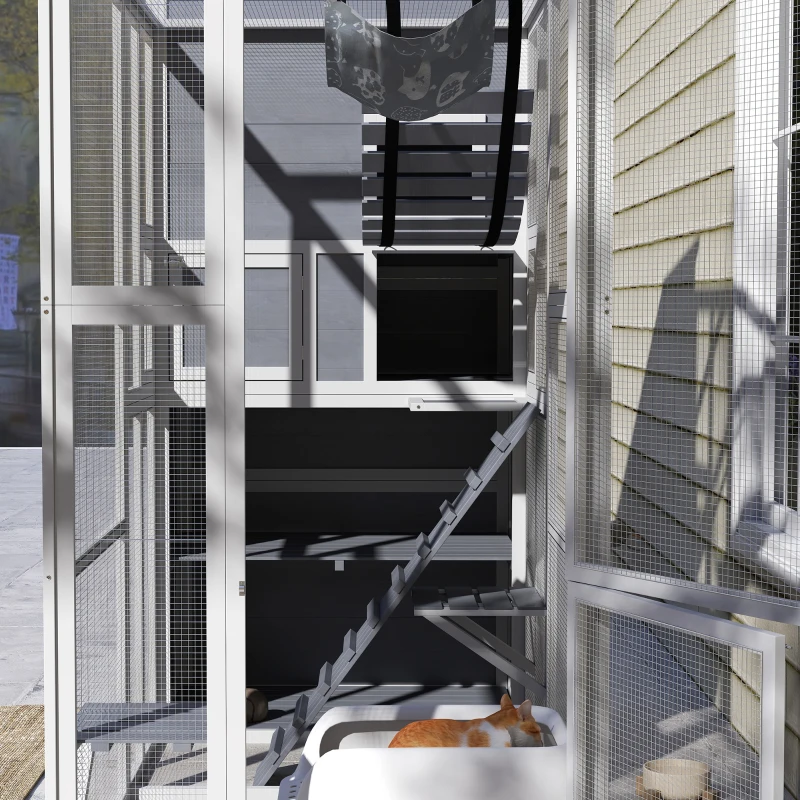PawHut Large Wooden Catio Outdoor, Cat Enclosure w/ 4 Tier Resting Rooms, 3 Platforms, 1 Soft Ladder, 2 Ramps, 1 Hammock, Gray