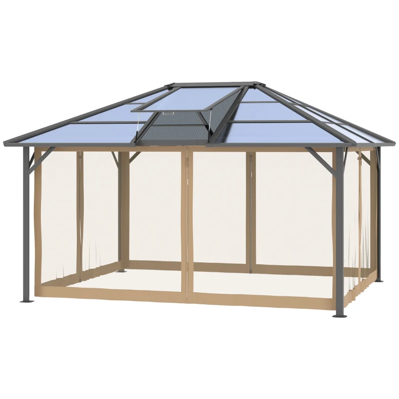 Outsunny 12' x 14' Hardtop Gazebo Canopy with Polycarbonate Roof, Aluminum Frame, Permanent Pavilion Outdoor Gazebo with Netting, for Patio, Garden, Backyard, Deck, Lawn, Gray, Brown