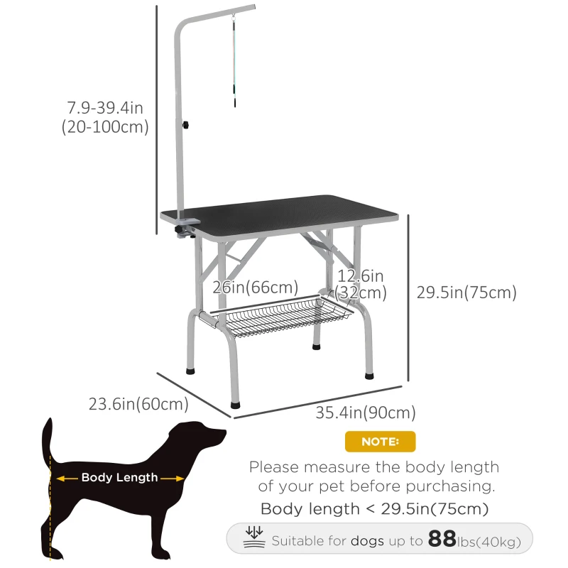 PawHut Foldable Grooming Table for Dogs with Height Adjustable Grooming Arm, Storage Shelf, Black
