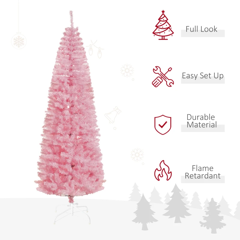 HOMCOM 7' Artificial Christmas Tree Douglas Fir Pencil Christmas Tree with 818 Realistic Branch Tips, Pink