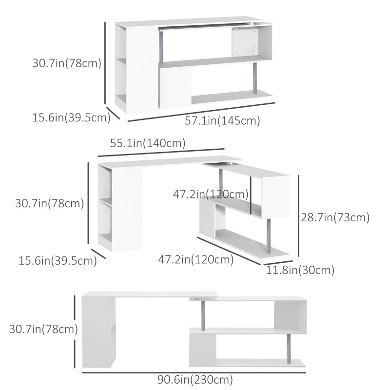 HOMCOM 55" Corner Computer Desk, 360° Rotating L-Shaped Desk, Home Office Workstation with 3-Tier Shelves, Bookshelf, White