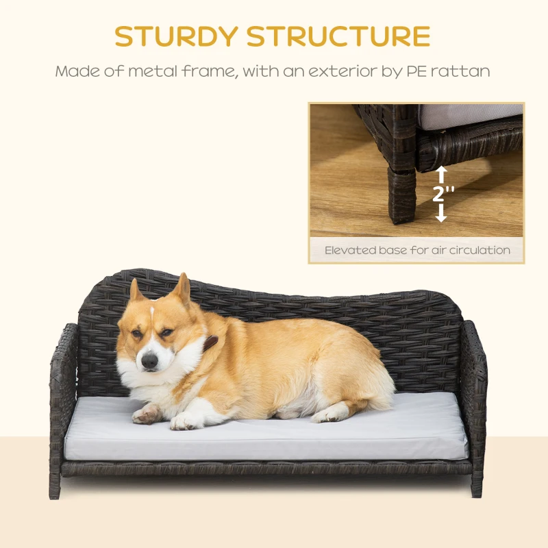 PawHut Rattan Pet Sofa for Large & Medium Dogs, Indoor & Outdoor Raised Wicker Dog Bed, Cat Couch, with Soft Washable Cushion, Charcoal Grey