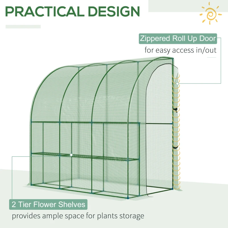 Outsunny 7' x 4' x 7' Outdoor Lean-to Walk-in Garden Greenhouse with Roll-Up Door Hot House for Plants Herbs Vegetables, Green