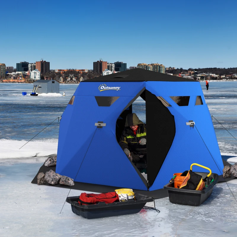Outsunny 4 Person Insulated Ice Fishing Shelter, Pop-Up Portable Ice Fishing Tent with Carry Bag and Two Doors for -22℉, Blue