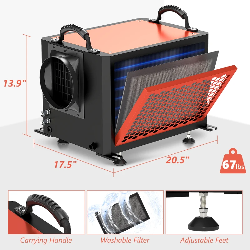 DURHAND 110 Pints Crawl Space Dehumidifier with Drain Hose, for Commercial, Industrial Dehumidifier for Basement, Warehouse