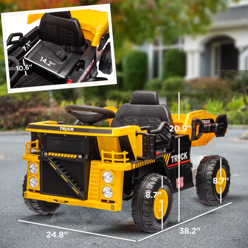 Qaba 12V Kids Ride on Dump Truck, Electric UTV w/ Electric Dump Bed, Shovel Spring Suspension & Music Player