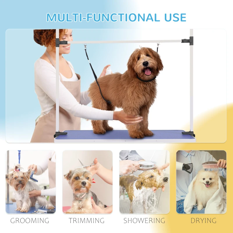 PawHut Adjustable Dog Grooming Table with 2 Safety Slings, Storage Basket, Blue