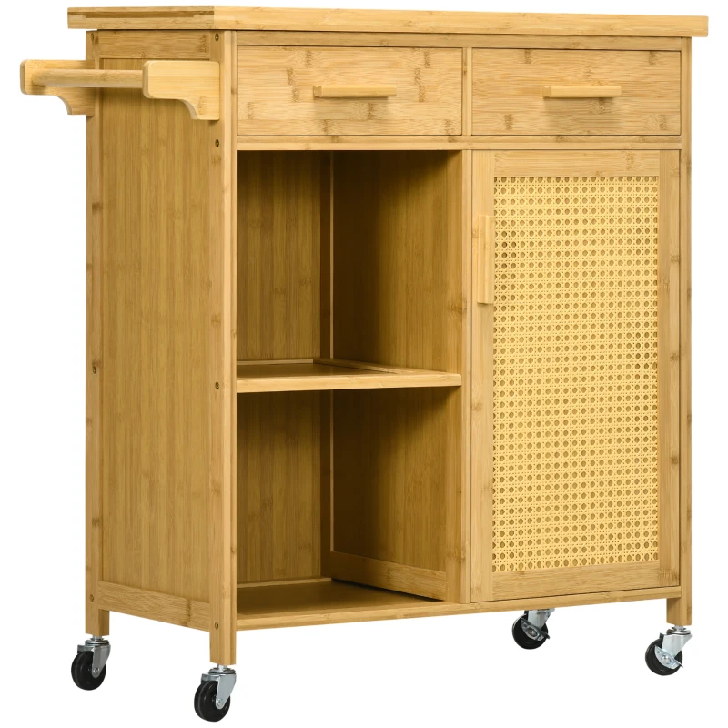 HOMCOM Bamboo Kitchen Island on Wheels, Rolling Kitchen Cart with Tempered Glass Top, 2 Drawers, Towel Racks, Open Compartments, Rattan Door Cabinet, Natural