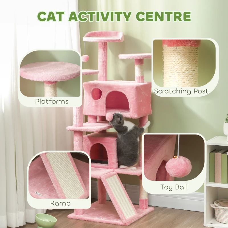 PawHut 54" Cat Tree, Multi-Level Cat Tower with Scratching Posts, Cat Condos, Bed, Platforms, Ramp, Toy Ball, Pink