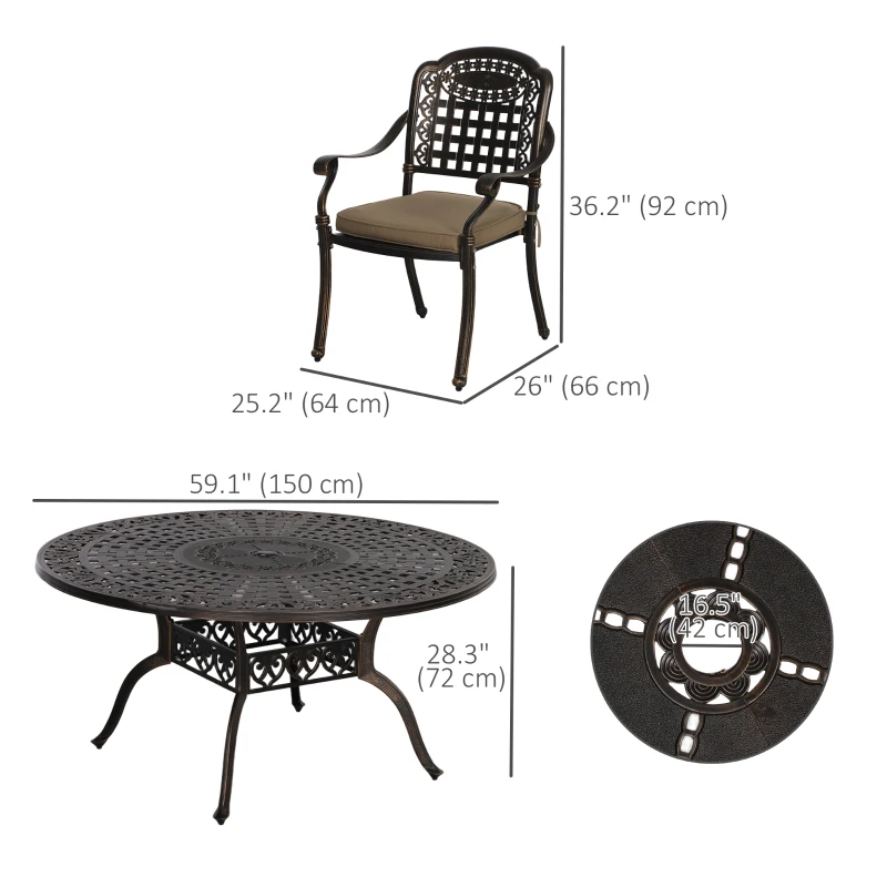 Outsunny 7 Pieces Outdoor Dining Set for 6, Aluminum Patio Table and Chairs Furniture Set with Umbrella Hole, Cushions, Bronze