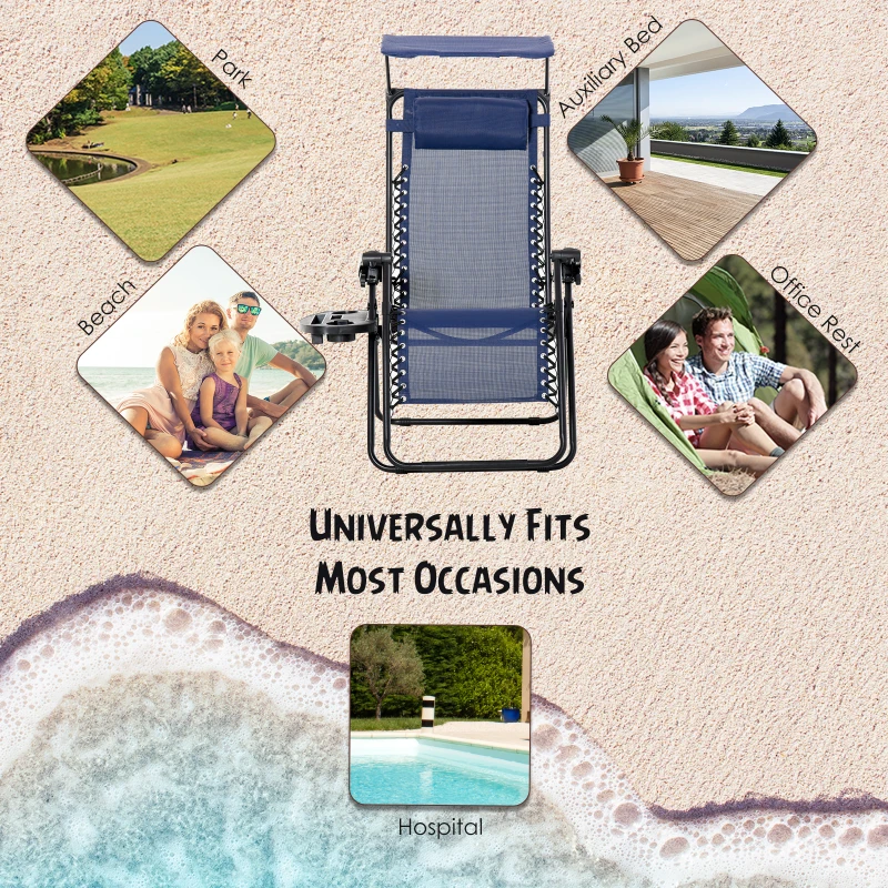 Outsunny 2 Piece Foldable Lounge Chair with Canopy Shade, Outdoor Zero Gravity Chair w/ Side Tray & Cup Holder, Reclining Lounger w/ Breathable Mesh Fabric Seat, Pillow, Blue