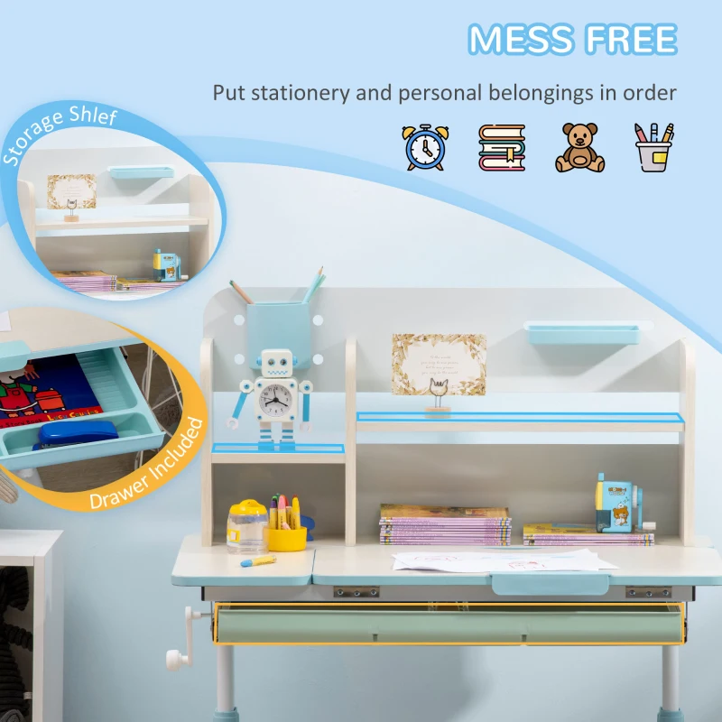 Qaba Wooden Kids Study Desk, Height Adjustable Children School Study Table, Student Writing Desk with Tilt Desktop, Drawer, Storage Shelf, Pen Holder, Blue