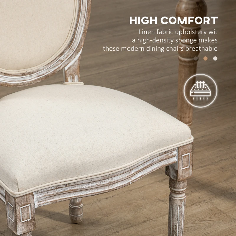 HOMCOM Dining Chairs Set of 2, French Style Linen Fabric Upholstered Kitchen Chairs with Backs and Wood Legs for Dining Room, Living Room, Bedroom, Cream White