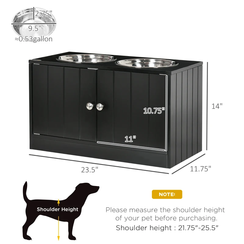 PawHut Large Elevated Dog Bowls with Storage Cabinet Containing Large 44L Capacity, Raised Dog Bowl Stand Pet Food Bowl Pet Feeding Station, Black
