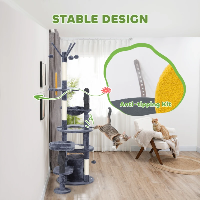 PawHut 71" Cat Tree, Cat Tower with Scratching Posts, Sisal Pad, Cat Condo, Bed, Hammock, Platforms, Toy Balls, Dark Grey