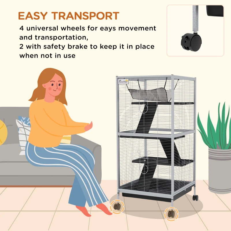 PawHut Steel Small Animal Cage for Guinea Pig, Ferret, Chinchilla, Kitten and Rabbit, Light Grey