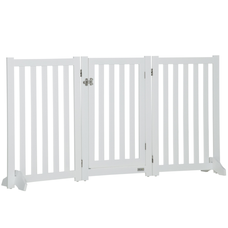 PawHut 31.5"H Foldable Dog Gate with Door, 3 Panels Freestanding Pet Gate Barriers Indoor with Support Feet, Puppy Fence for Small Medium Dogs, White