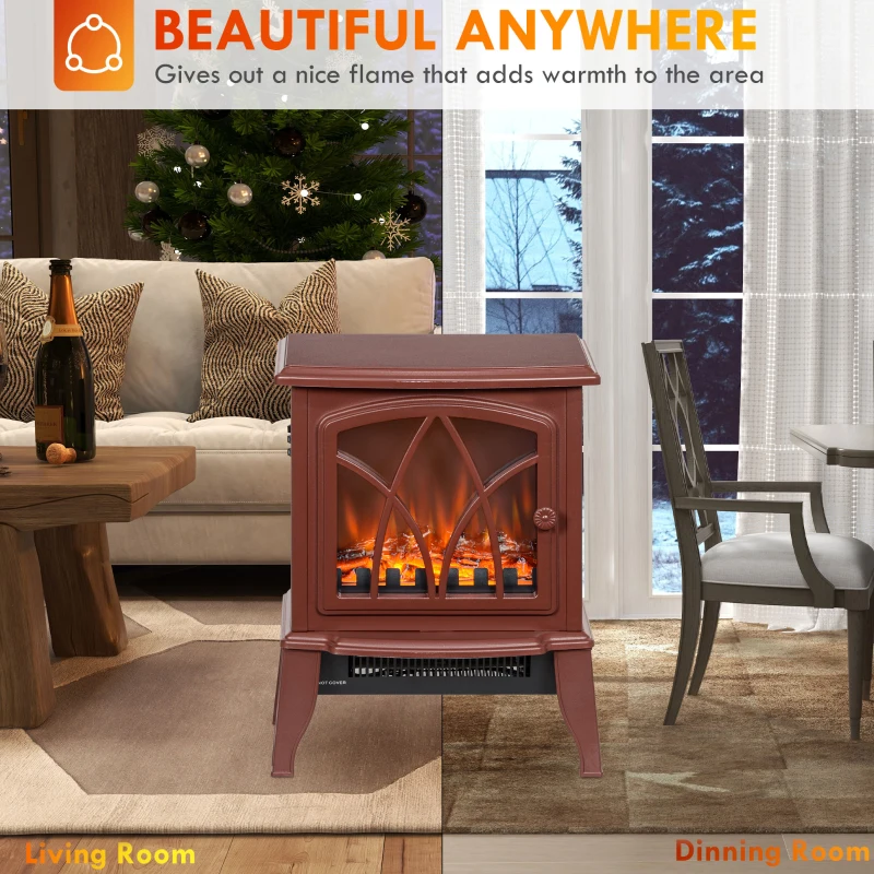 HOMCOM Electric Fireplace Heater, Freestanding Fireplace Stove with Realistic Flames Overheating Protection 750W/1500W, Red