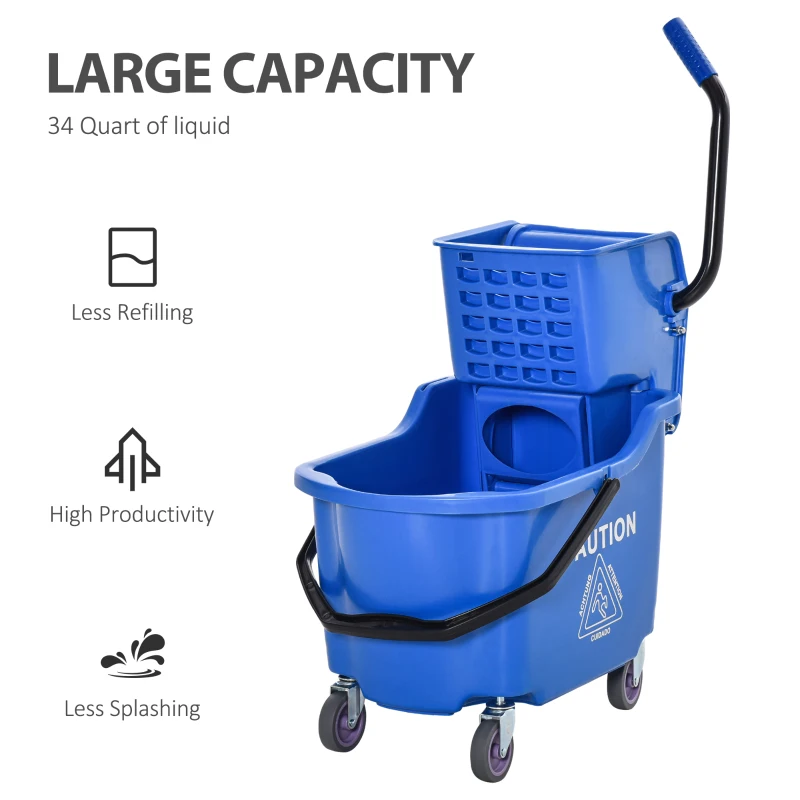 HOMCOM Mop Bucket Cart with Side Press Wringer, Metal Handle and 34 Quart Capacity, Blue