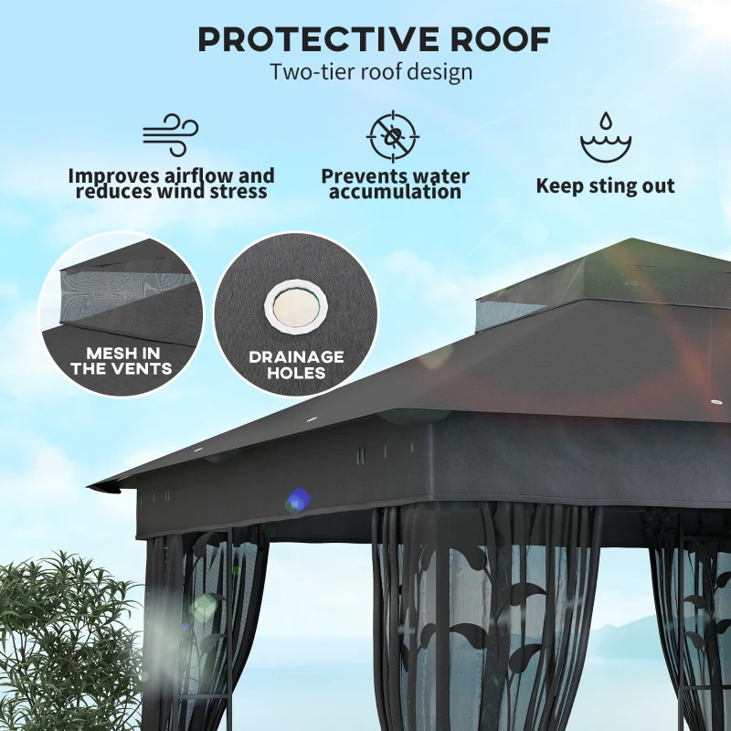 Outsunny 10' x 10' Outdoor Gazebo with Shelves and Netting, UV30+ Double Roof Patio Gazebo for Lawn, Backyard and Deck