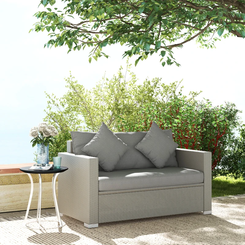 Outsunny Outdoor Wicker Loveseat, Patio Furniture Couch with Cushions, 2 Seats PE Rattan Sofa, 2 Throw Pillows, Gray