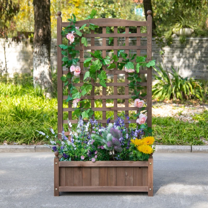 Outsunny Raised Garden Bed with Trellis, Wood Planter Box for Garden, Free Standing Flower Bed, 25.2" x 11" x 47.2" Brown