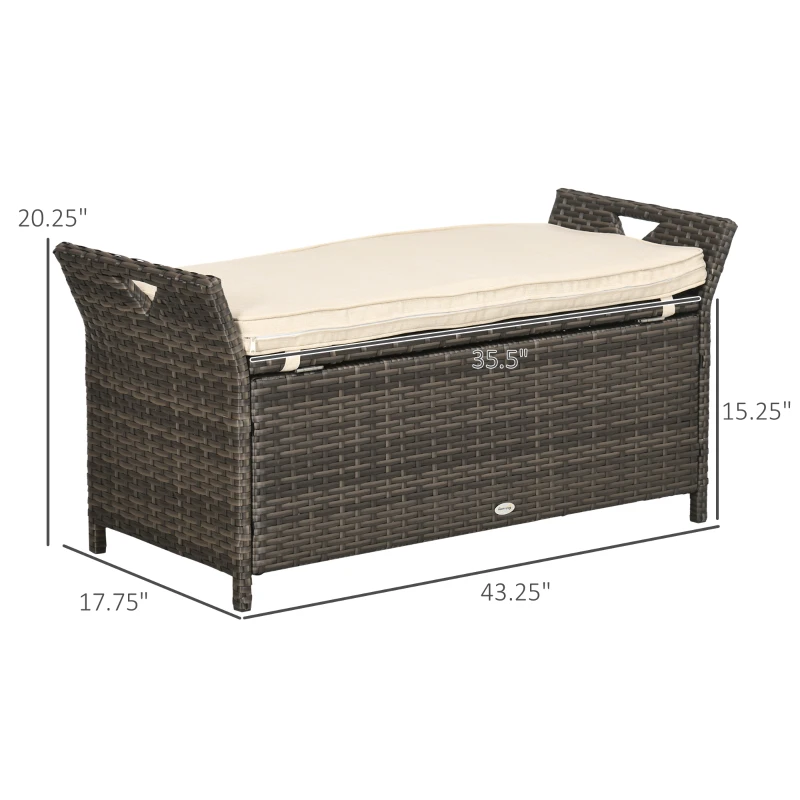 Outsunny 29 Gallon Patio Wicker Storage Bench, Outdoor PE Rattan Patio Furniture, 2-In-1 Large Capacity Rectangle Garden Storage Box with Handles and Cushion, Cream White