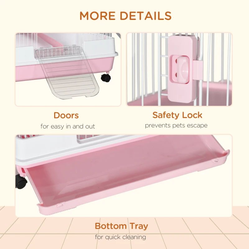 PawHut 32"L 6-Level Small Animal Cage with Universal Lockable Wheels, Pink