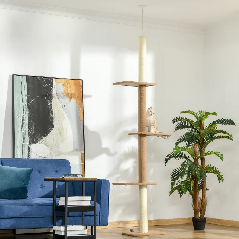 PawHut Floor-to-Ceiling Cat Tree Cat Climbing Tower with Sisal-Covered Scratching Posts Natural Cat Tree Activity Center for Kittens Cat Tower Furniture, Light brown