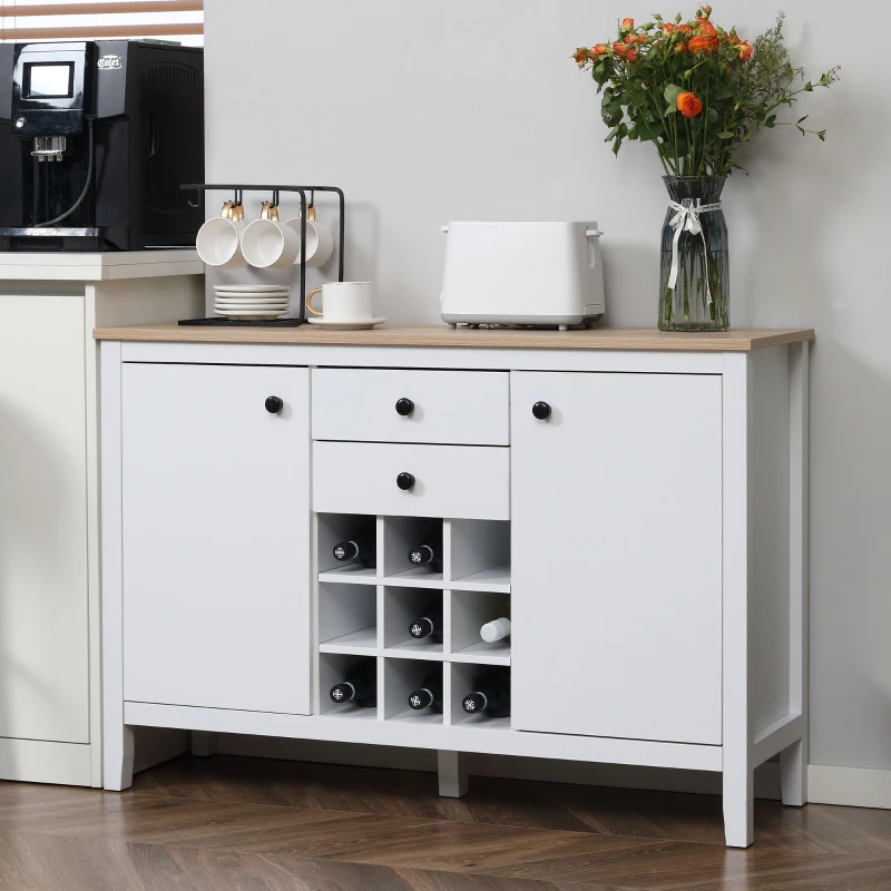 HOMCOM Buffet Cabinet, Rustic Kitchen Sideboard with 9-bottle Wine Rack, Storage Cabinets, Drawers and Adjustable Shelves, Black Handle