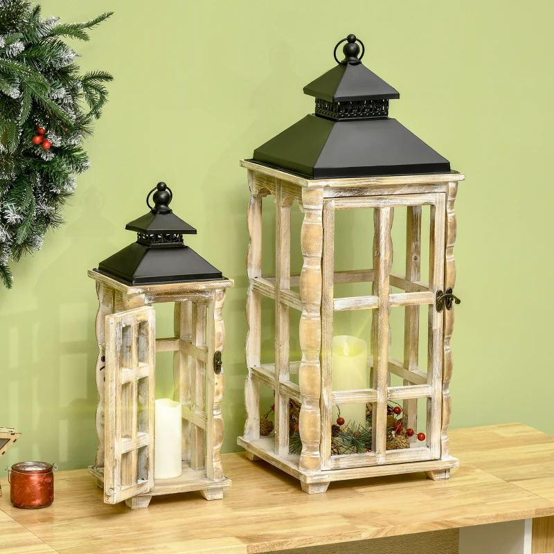 HOMCOM 2 Pack 31"/21" Large Rustic Lantern Decorations, Hanging Wooden Metal Indoor Covered Outdoor Lantern for Home Decor (No Glass), Black and Distressed Natural Wood Color