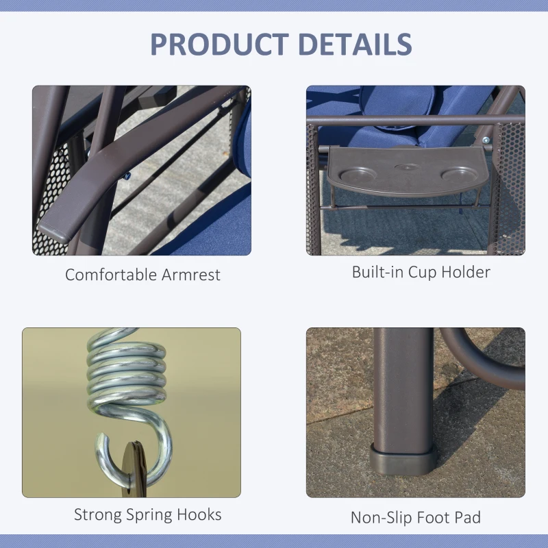 Outsunny 2-Person Patio Swing Bench with Adjustable Shade Canopy, Soft Cushions, Throw Pillows and Tray, Dark Blue