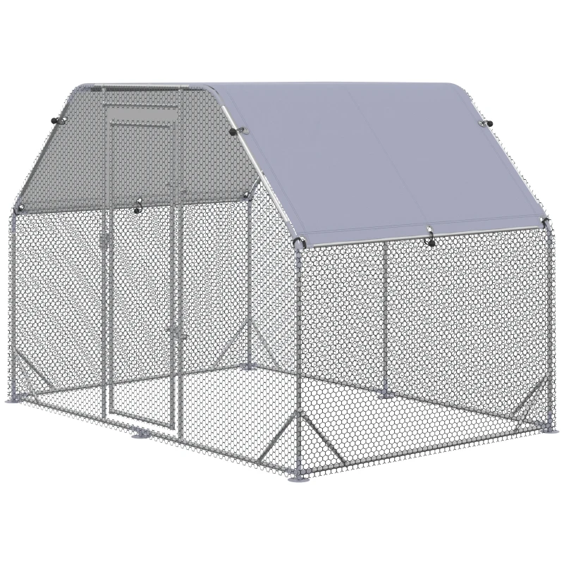 PawHut Chicken Run, Galvanized Large Metal Chicken Coop Cage, Walk-in Enclosure Poultry Hen Run House Playpen Rabbit Hutch with Flat Roof, Cover, 9.2' x 6.2' x 6.5', Silver