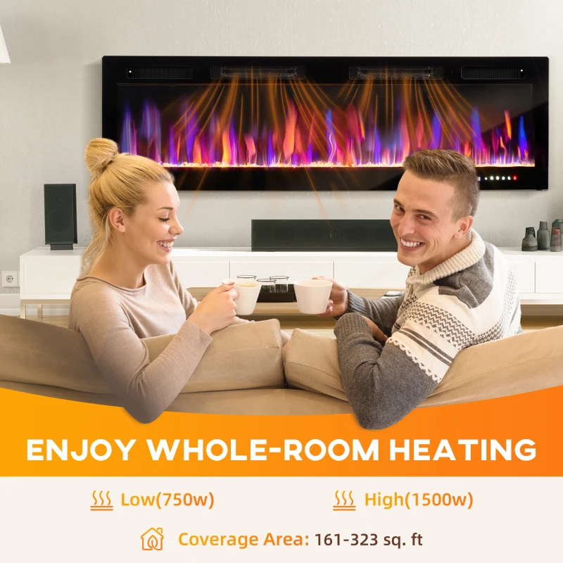 HOMCOM 60" Electric Fireplace Recessed and Wall Mounted, 1500W Ultra-thin with Adjustable Flame, Crystal, Black