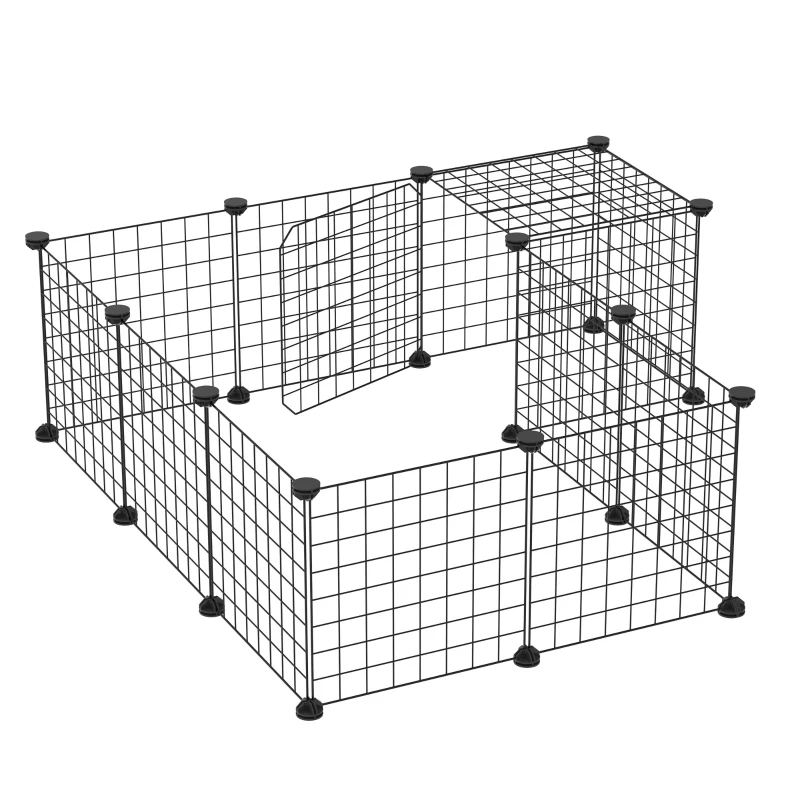 PawHut 2-Tier Foldable Metal Small Animal Playpen Pet Fence with Reshaping Customizable Design, Large Guinea Pig Cage, Bunny Rabbit Cage, and Chinchilla Cage, C&C Cage and Metal Playpen with Mats