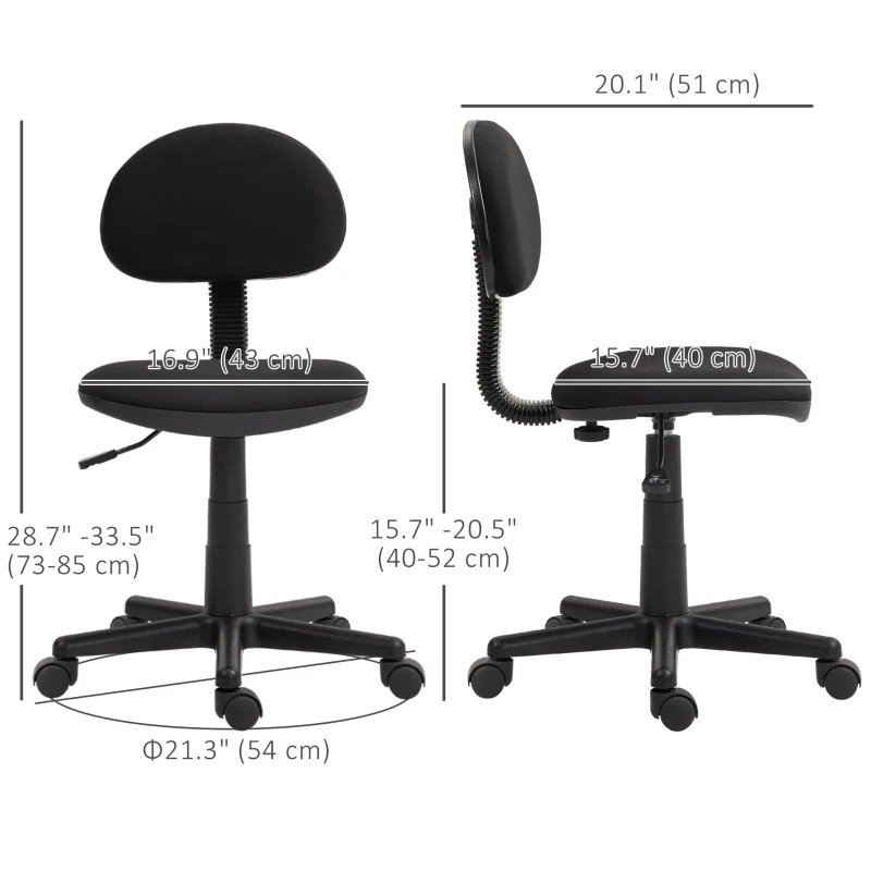 HOMCOM Small Desk Chair, Armless Office Chair with Adjustable Height, 360° Swivel Wheels, Low Back for Small Spaces, Black