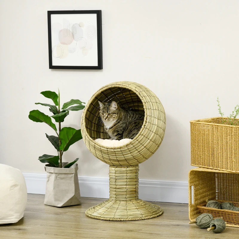PawHut Elevated Cat Bed with Rotatable Egg Chair Pod, Cat Basket Bed with Thick Cushion, Natural Mat Grass Woven Kitty House, Yellow