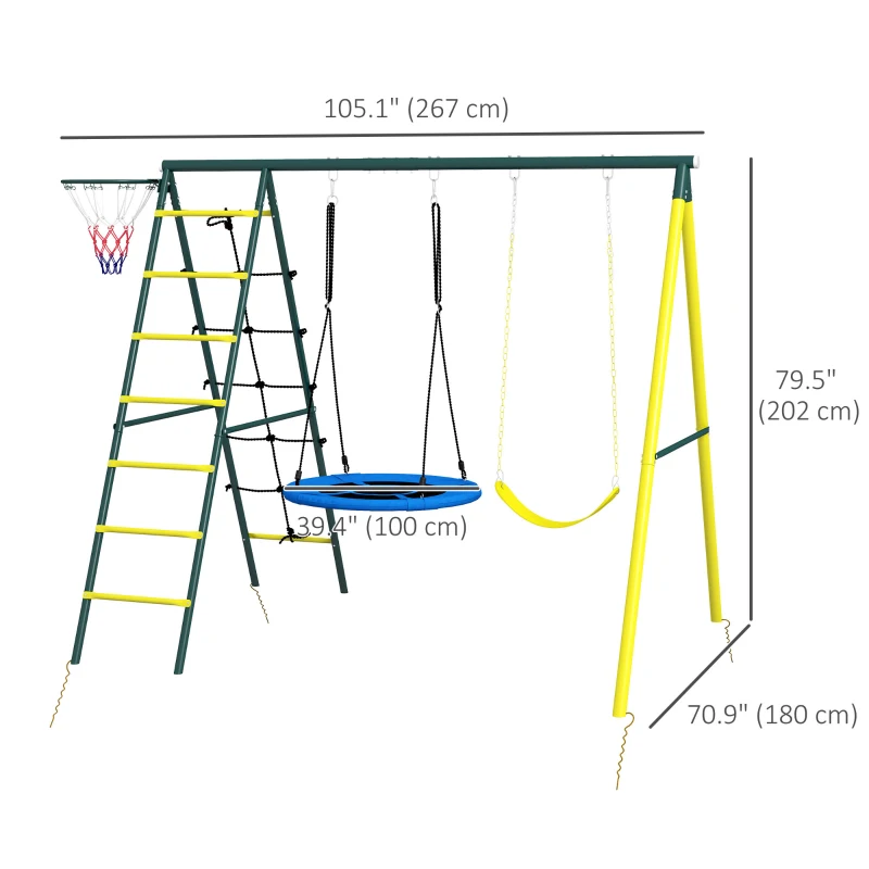Outsunny 4 in 1 Swing Set for Kids with Saucer Swing, Seat, Climbing Ladder/Net, Basketball Hoop for 3-8 Years Old, Yellow