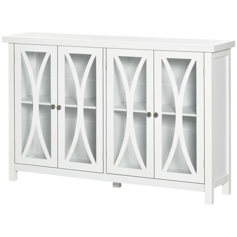 HOMCOM Sideboard, Buffet Cabinet with 4 Tempered Glass Doors, Arc Pattern and Adjustable Storage Shelf, Credenza, White
