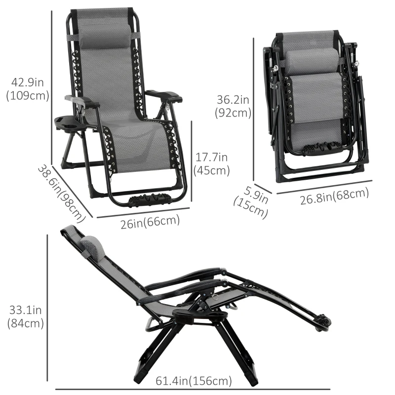 Outsunny Zero Gravity Chair, Folding Recliner Chair, Adjustable Patio Lounger with Detachable Pillow, Cup Holder and Foot Massage Roller for Outdoor, Patio, Deck, Poolside, Light Grey