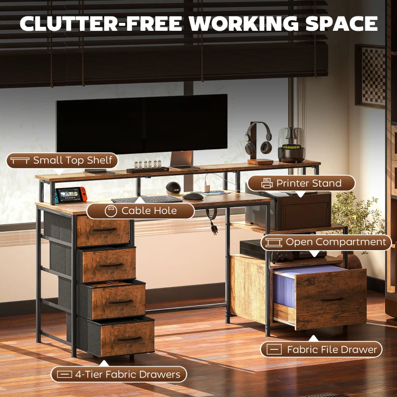 HOMCOM Computer Desk with Power Outlets and LED Lights, 67" Computer Table with File Cabinet and Fabric Drawers, Rustic Brown