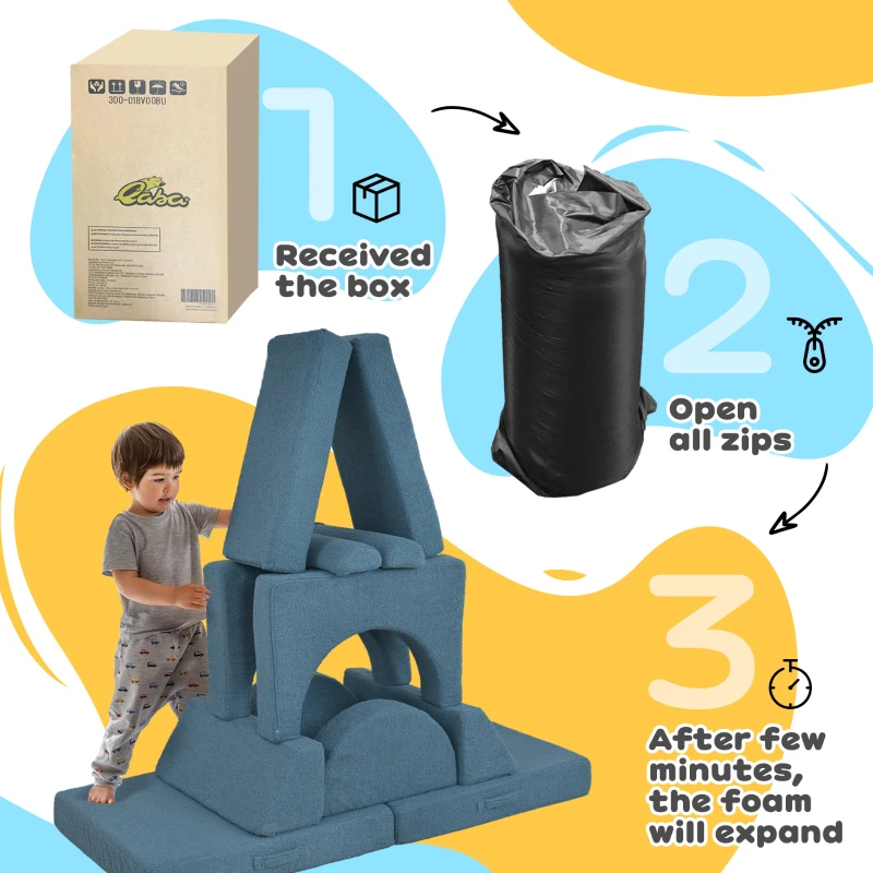 Qaba 12 Pcs Foam Climbing Blocks for Toddlers, Indoor Soft Play Equipment for Boys and Girls, Blue