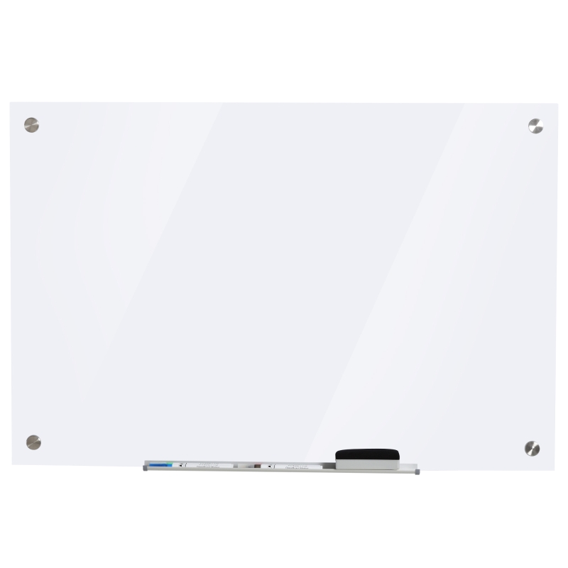 Vinsetto 35.5" x 23.5" Glass Magnetic Dry Erase Whiteboard, Frameless Board on Wall, with Dry Eraser, 4 Markers, and Pen Holder, White